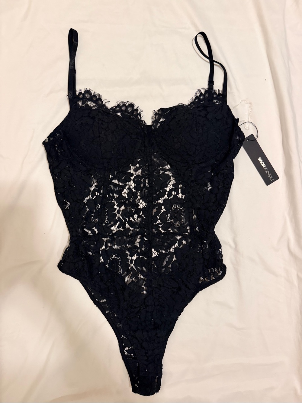 Fashion Nova Black Lace Bodysuit with Floral Sheer Panels